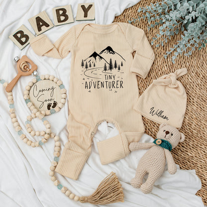 Tiny Adventurer Baby Bodysuit and Hat Set Newborn Mountain Landscape Design Coming Home Outfit Cute Black Pine Tree Travel Baby Shower Gift Long Sleeve