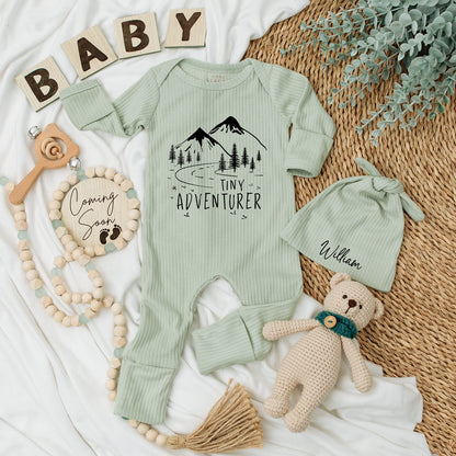 Tiny Adventurer Baby Bodysuit and Hat Set Newborn Mountain Landscape Design Coming Home Outfit Cute Black Pine Tree Travel Baby Shower Gift Long Sleeve