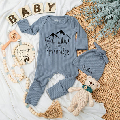 Tiny Adventurer Baby Bodysuit and Hat Set Newborn Mountain Landscape Design Coming Home Outfit Cute Black Pine Tree Travel Baby Shower Gift Long Sleeve