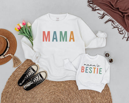 Matching Mama Bestie Sweatshirts Playful Colorful Design Mommy and Me Outfit New Mom Gift Set Mom Daughter Soft Clothes