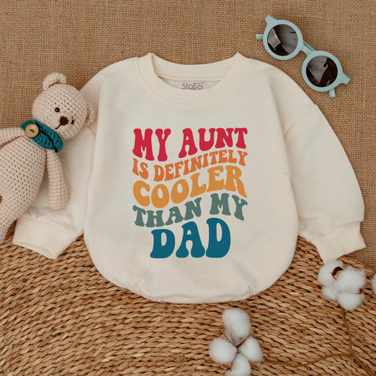 My Aunt is Definitely Cooler Than My Dad Retro Baby Romper, Vintage Auntie's Bestie Bodysuit with Bubbly Font Design, Cool Aunt Shower Gift