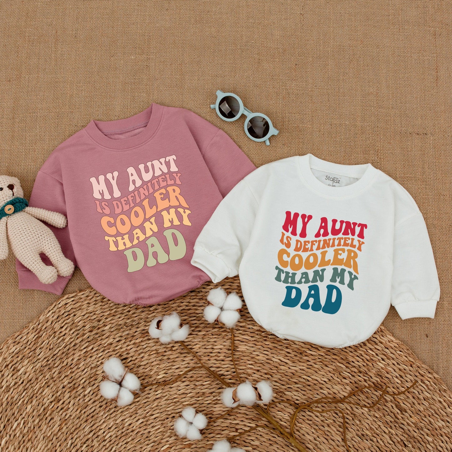 My Aunt is Definitely Cooler Than My Dad Retro Baby Romper, Vintage Auntie's Bestie Bodysuit with Bubbly Font Design, Cool Aunt Shower Gift