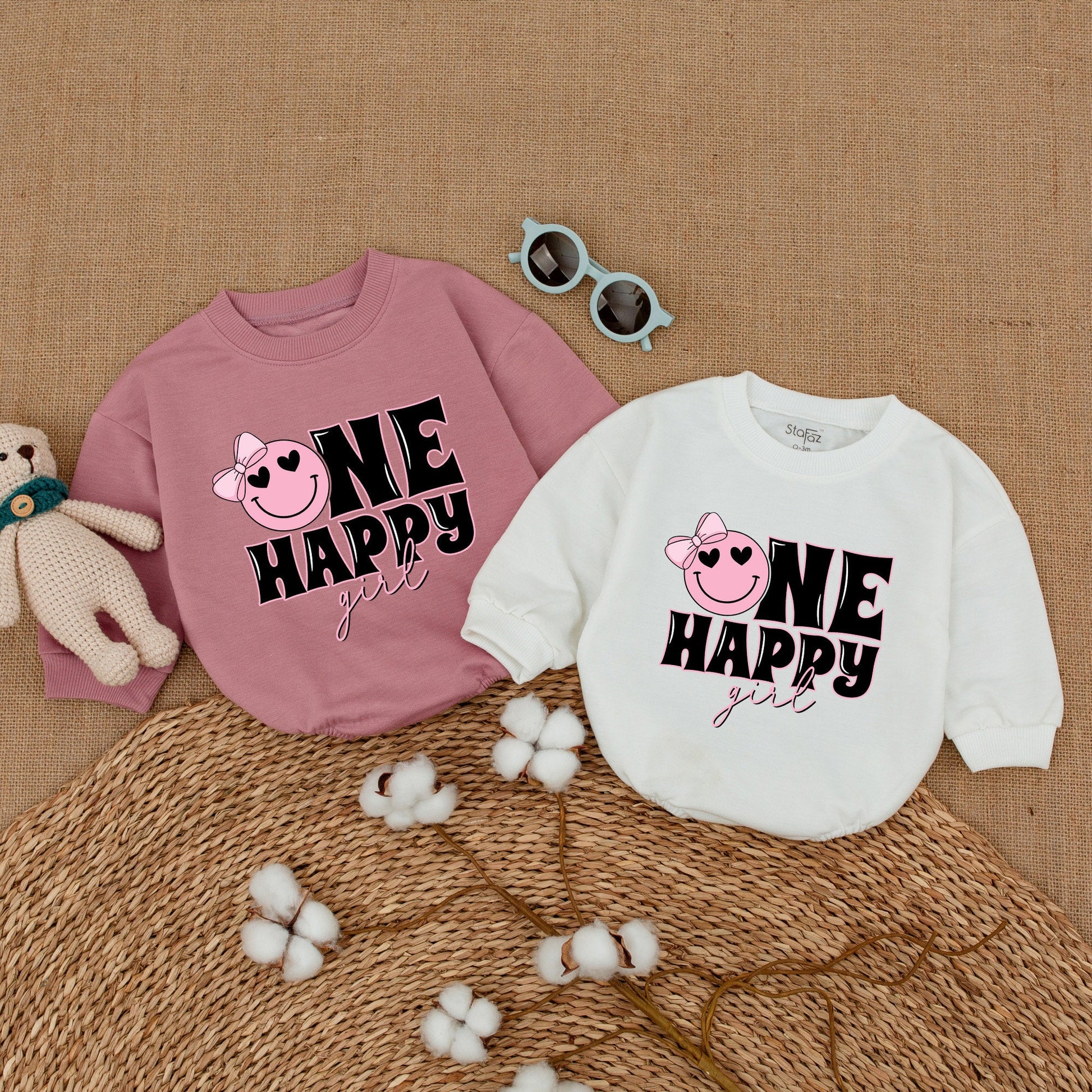 One Happy Girl Romper Matching Family Birthday Outfit Pink Smiley Face Bow Heart Eye Cake Smash Baby Girl Bodysuit Comfortable Soft Cotton