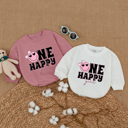 One Happy Girl Romper Matching Family Birthday Outfit Pink Smiley Face Bow Heart Eye Cake Smash Baby Girl Bodysuit Comfortable Soft Cotton