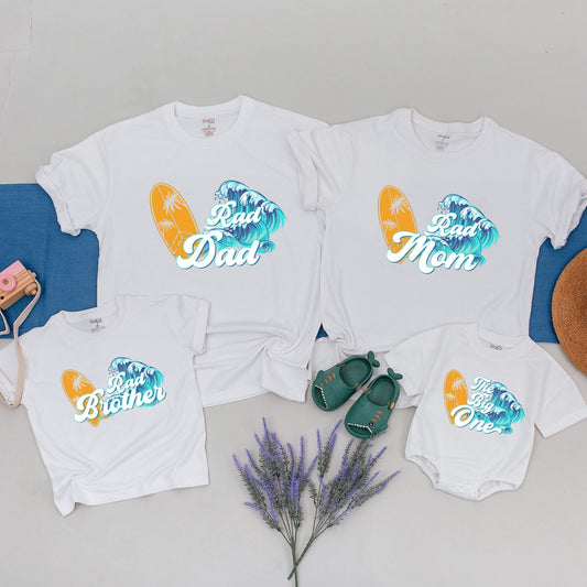 Surf 1st Birthday Shirt The Big One Toddler Boy Outfit Yellow Surfboard Palm Tree Waves Summery Beach Party Mommy and Me Family Tee