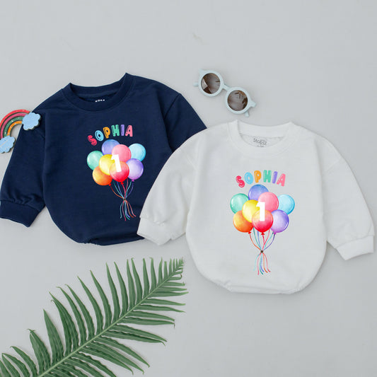 Personalized First Birthday Romper Whimsical Multicolored Balloons Number 1 Baby Girl Bodysuit Comfortable Celebration Outfit Bubble Design Gift