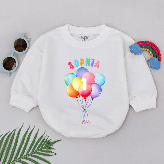 Personalized First Birthday Romper Whimsical Multicolored Balloons Number 1 Baby Girl Bodysuit Comfortable Celebration Outfit Bubble Design Gift