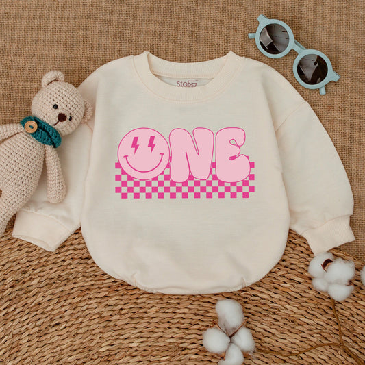 Pink First Birthday Romper with Happy Face Lightning Eyes ONE Bubble Font Cute Baby Girl Cake Smash Outfit Bodysuit Gift