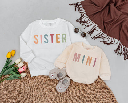 Mama and Mini Matching Sweatshirts Stacked Colorful Letters Mom Daughter Cozy Fall Halloween Thanksgiving Outfit Modern Retro Style