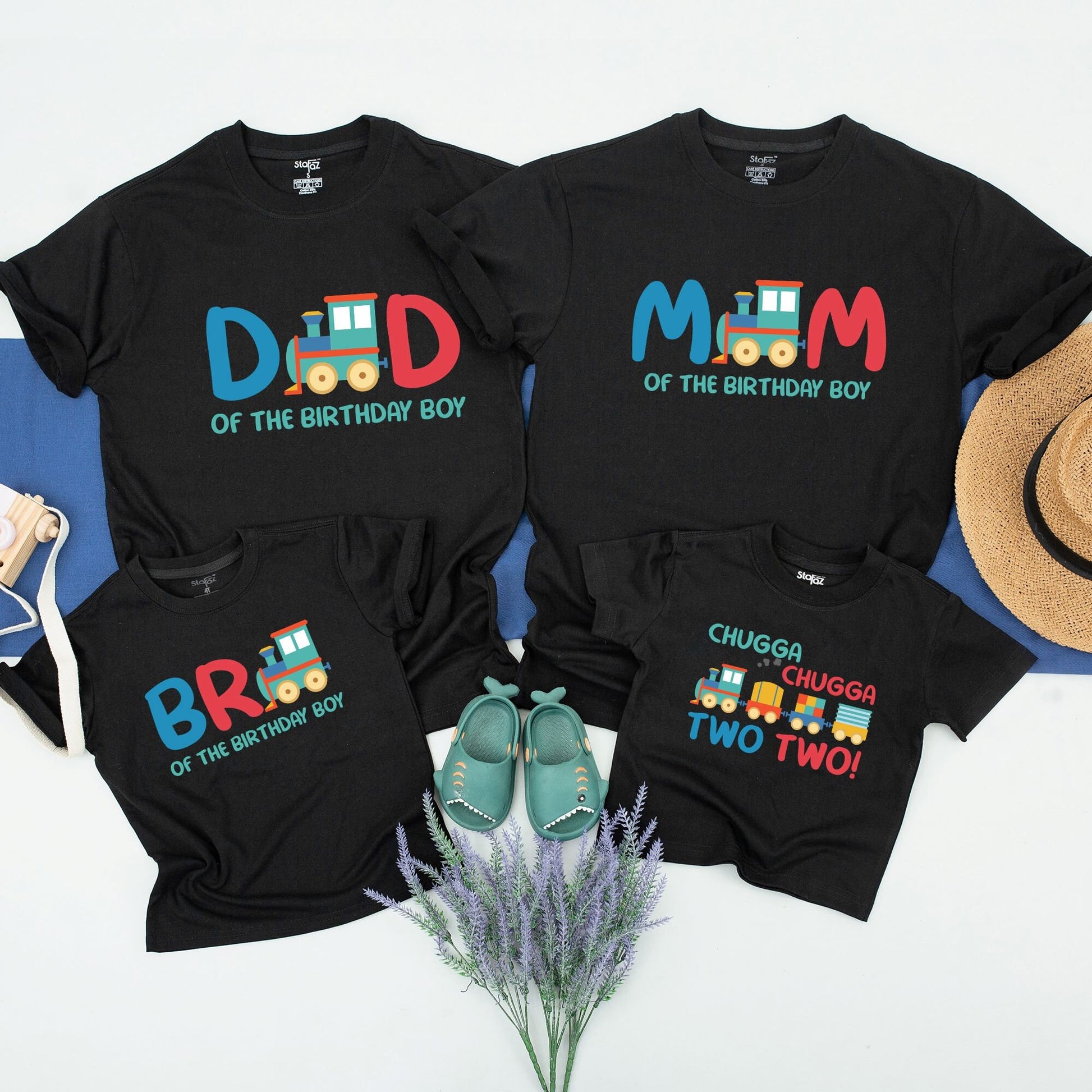 Matching Family Train Birthday Shirts Colorful Chugga Chugga Two Two Baby Tee and Mom Dad Bro Transportation Party Outfits