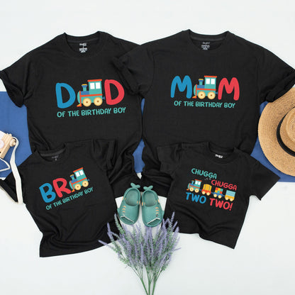 Matching Family Train Birthday Shirts Colorful Chugga Chugga Two Two Baby Tee and Mom Dad Bro Transportation Party Outfits