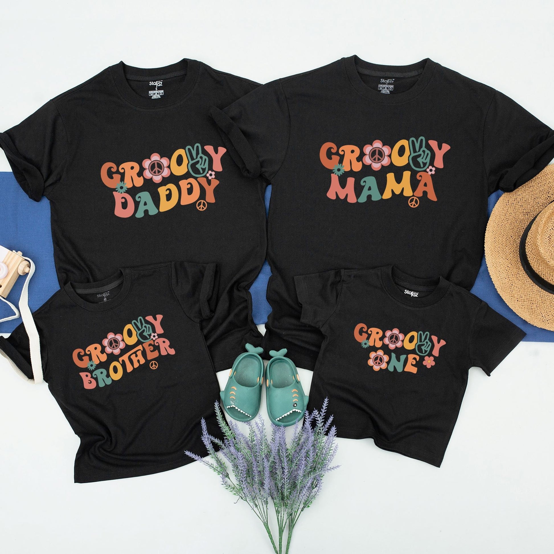 Groovy Family Matching Shirts Retro 70s Mama Daddy Sister Brother Cousin Tees with Floral Peace Sign Graphic Birthday Party Vacation Outfits