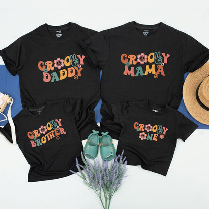 Groovy Family Matching Shirts Retro 70s Mama Daddy Sister Brother Cousin Tees with Floral Peace Sign Graphic Birthday Party Vacation Outfits