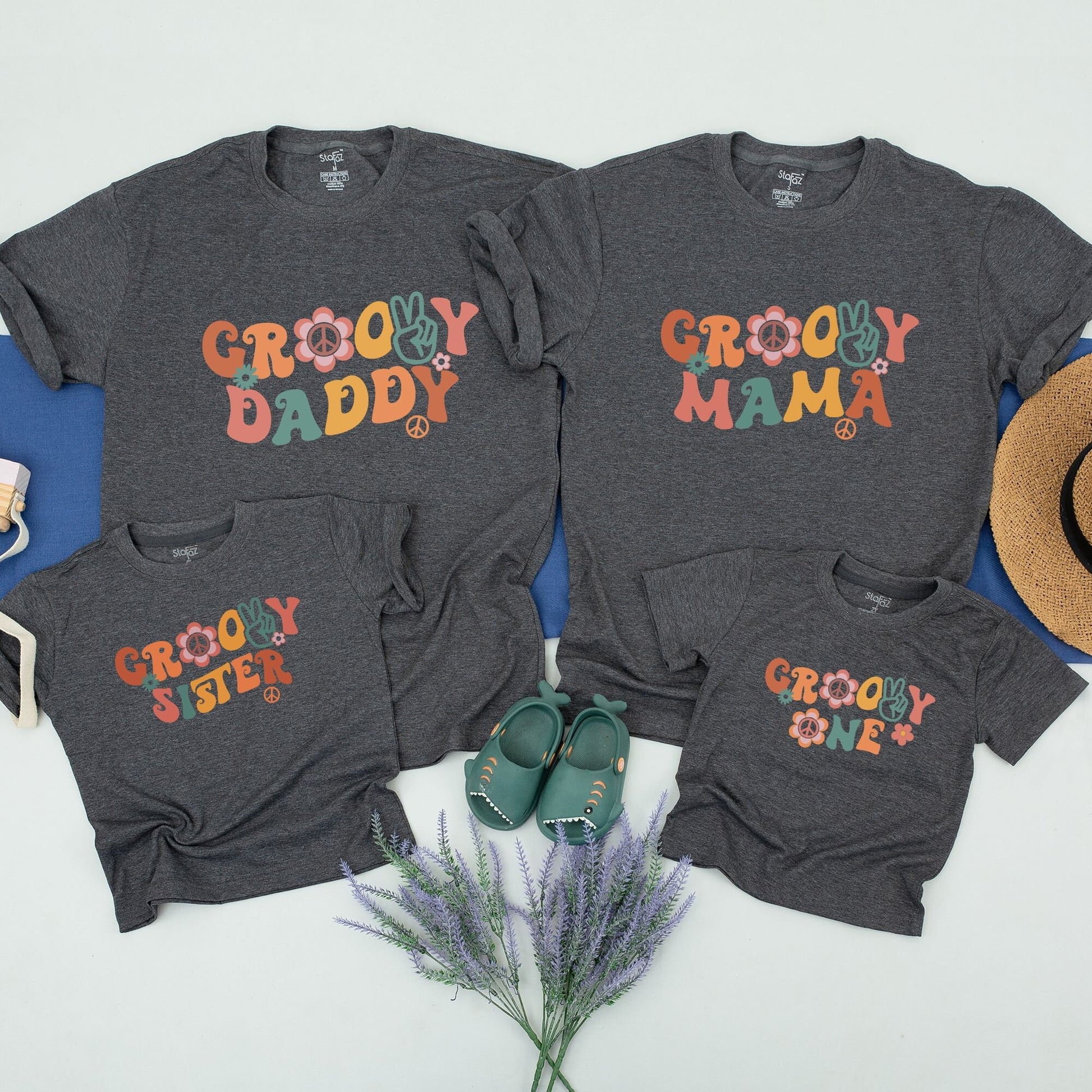 Groovy Family Matching Shirts Retro 70s Mama Daddy Sister Brother Cousin Tees with Floral Peace Sign Graphic Birthday Party Vacation Outfits