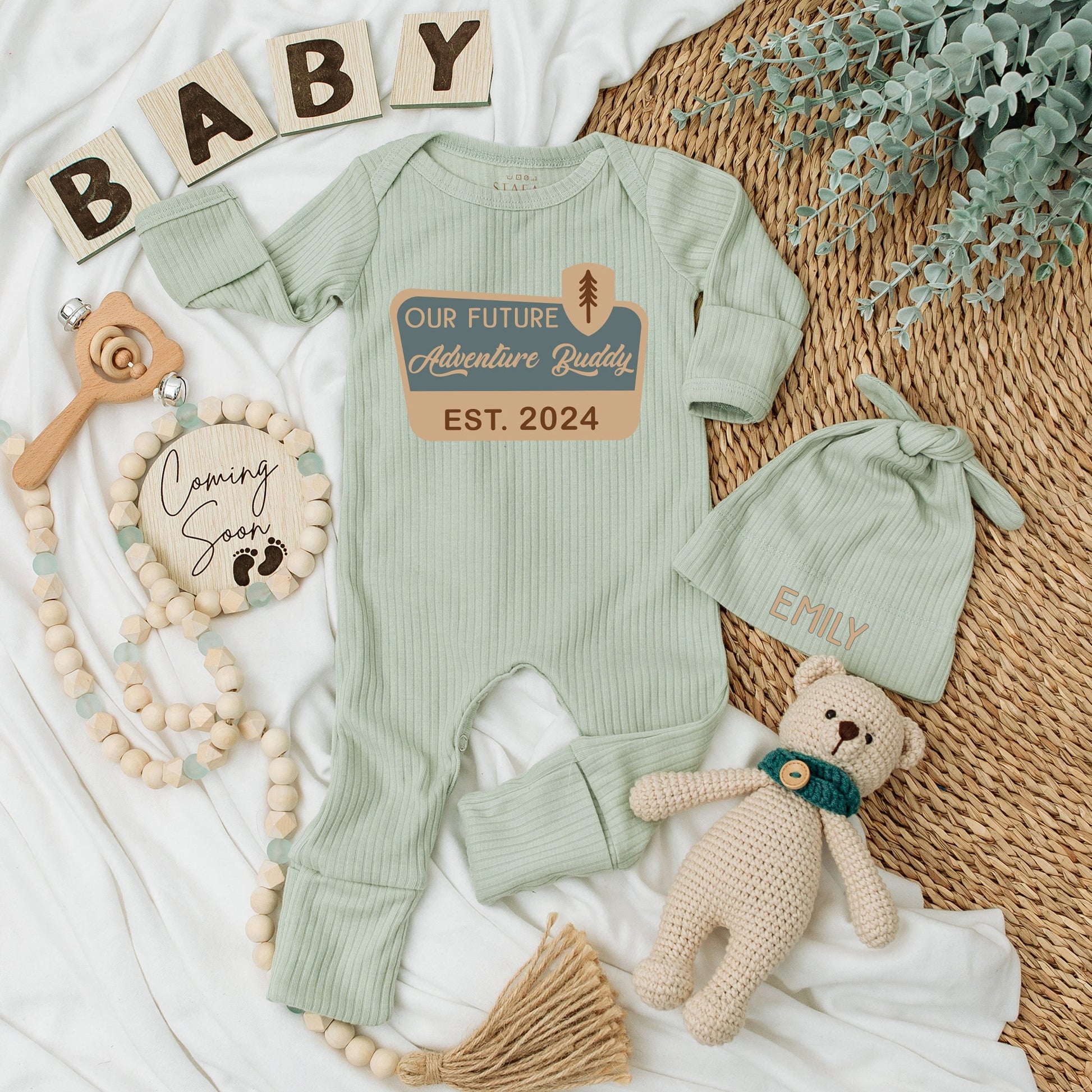 Our Future Adventure Buddy Baby Bodysuit Hat Set Infant National Park Camping Pregnancy Announcement Gift EST 2024 Wilderness Theme Gender Neutral Soft Cotton