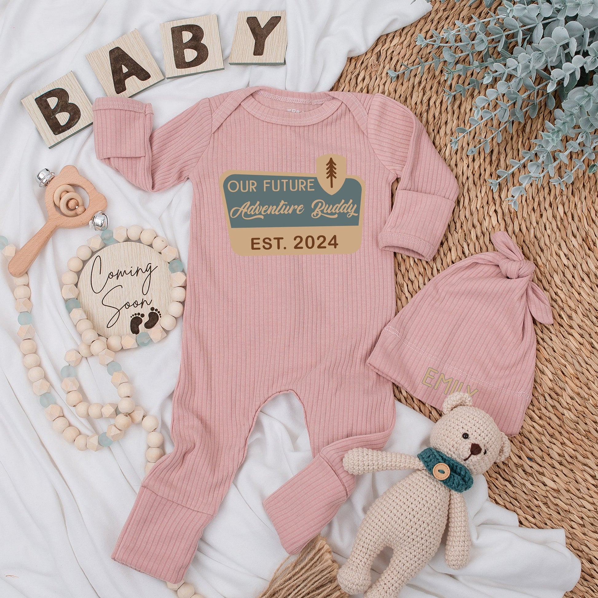Our Future Adventure Buddy Baby Bodysuit Hat Set Infant National Park Camping Pregnancy Announcement Gift EST 2024 Wilderness Theme Gender Neutral Soft Cotton