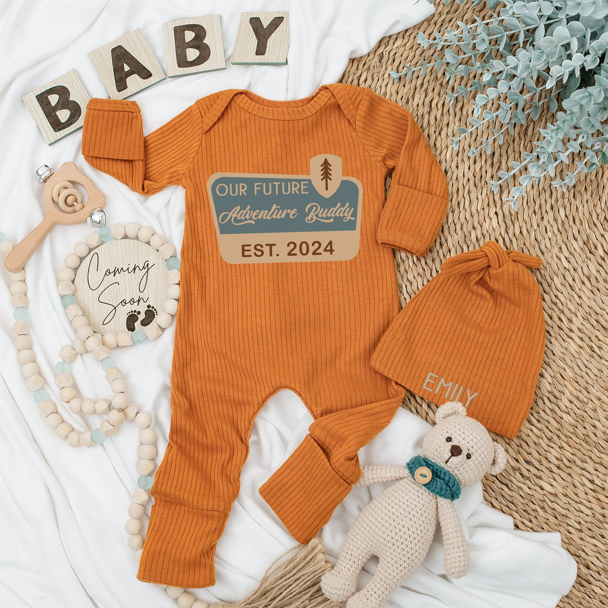 Our Future Adventure Buddy Baby Bodysuit Hat Set Infant National Park Camping Pregnancy Announcement Gift EST 2024 Wilderness Theme Gender Neutral Soft Cotton