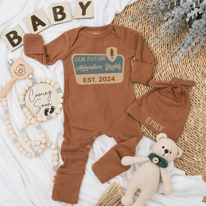 Our Future Adventure Buddy Baby Bodysuit Hat Set Infant National Park Camping Pregnancy Announcement Gift EST 2024 Wilderness Theme Gender Neutral Soft Cotton