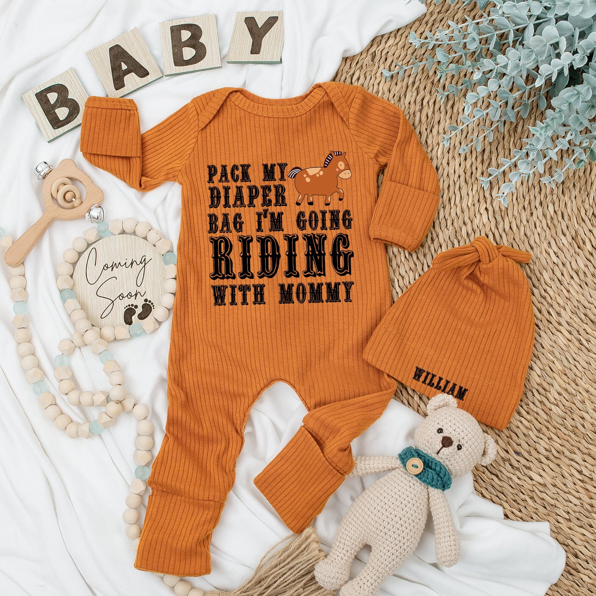 Personalized Western Horse Baby Bodysuit Hat Set Pack My Diaper Bag I'm Going Riding with Mommy Newborn Infant Funny Equestrian Country Outfit Gift Brown Black Design