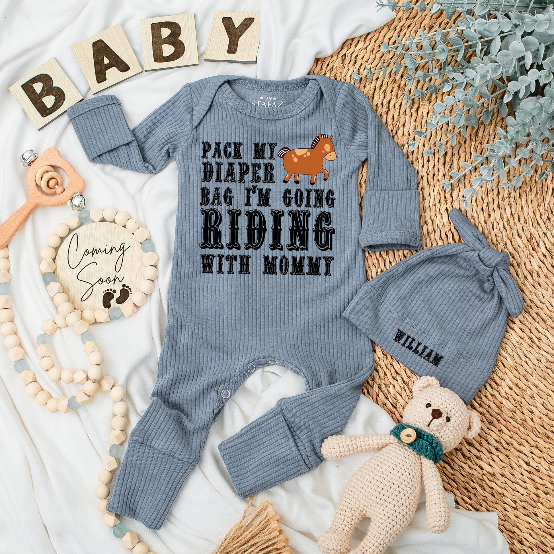 Personalized Western Horse Baby Bodysuit Hat Set Pack My Diaper Bag I'm Going Riding with Mommy Newborn Infant Funny Equestrian Country Outfit Gift Brown Black Design