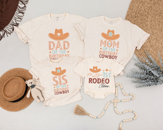My First Rodeo Matching Family Shirts Western Cowboy Birthday Outfit with Vintage Cowboy Hat Design & Distressed Text for Mom Dad Sis