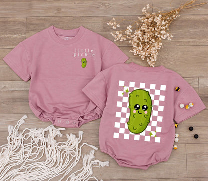 Cute Little Pickle Baby Romper Bodysuit with Whimsical Green Cartoon Face & Checkerboard Pattern Funny Vegan Infant Jumpsuit Gift