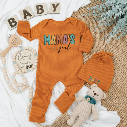 Personalized Mama's Girl Baby Bodysuit and Hat Set with Emily's Name Multi-Colored Block Letter Design Long Sleeve Newborn Coming Home Baby Shower Gift