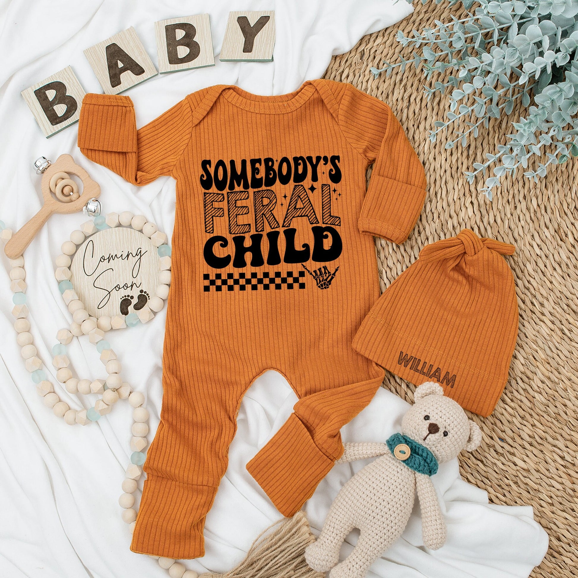 Somebody's Feral Child Baby Bodysuit and Hat Set Long Sleeve Newborn Gift Baby Shower Coming Home Outfit Black Checkered Skeleton Hand Design