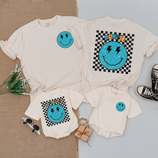 Personalized Retro Auntie's Boy Outfit Matching Auntie Nephew Shirt Turquoise Smiley Face Lightning Baby Romper Checkered Vintage Design Newborn Gift
