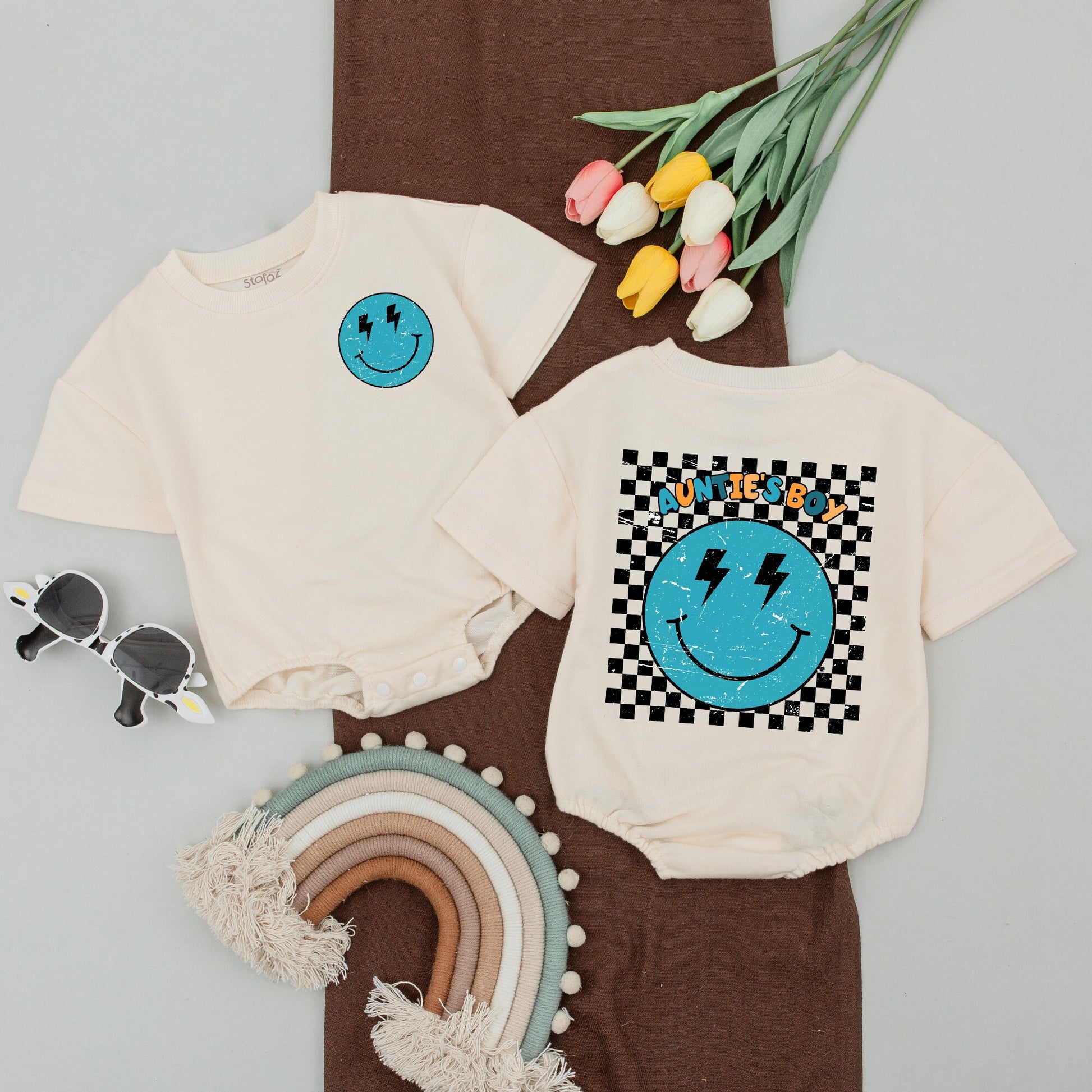 Personalized Retro Auntie's Boy Outfit Matching Auntie Nephew Shirt Turquoise Smiley Face Lightning Baby Romper Checkered Vintage Design Newborn Gift