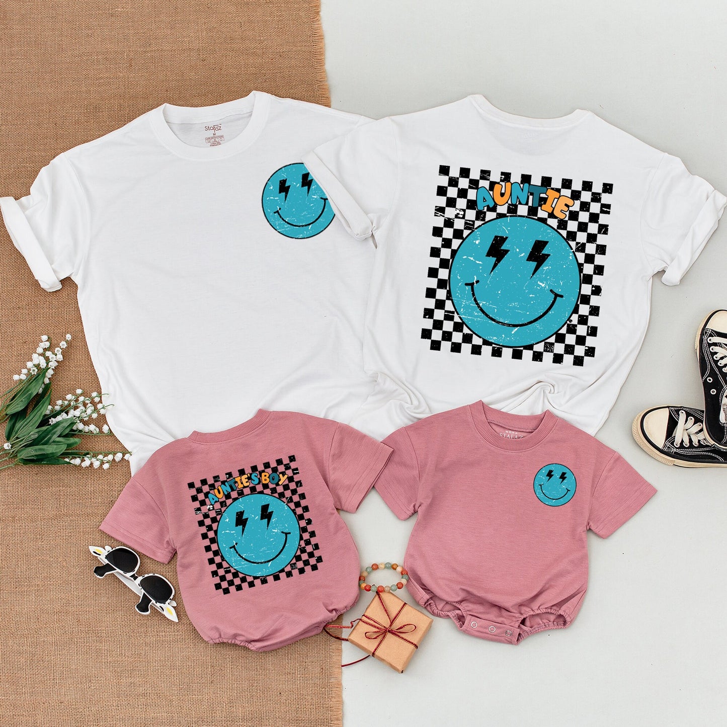 Personalized Retro Auntie's Boy Outfit Matching Auntie Nephew Shirt Turquoise Smiley Face Lightning Baby Romper Checkered Vintage Design Newborn Gift