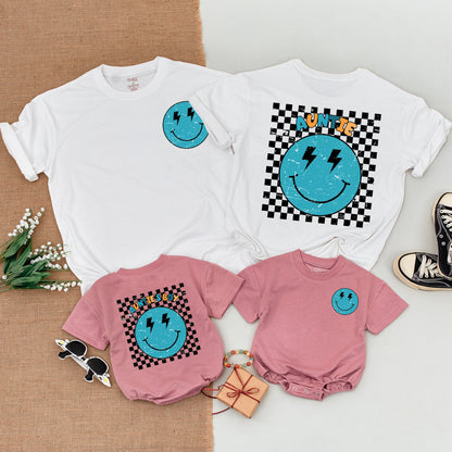 Personalized Retro Auntie's Boy Outfit Matching Auntie Nephew Shirt Turquoise Smiley Face Lightning Baby Romper Checkered Vintage Design Newborn Gift