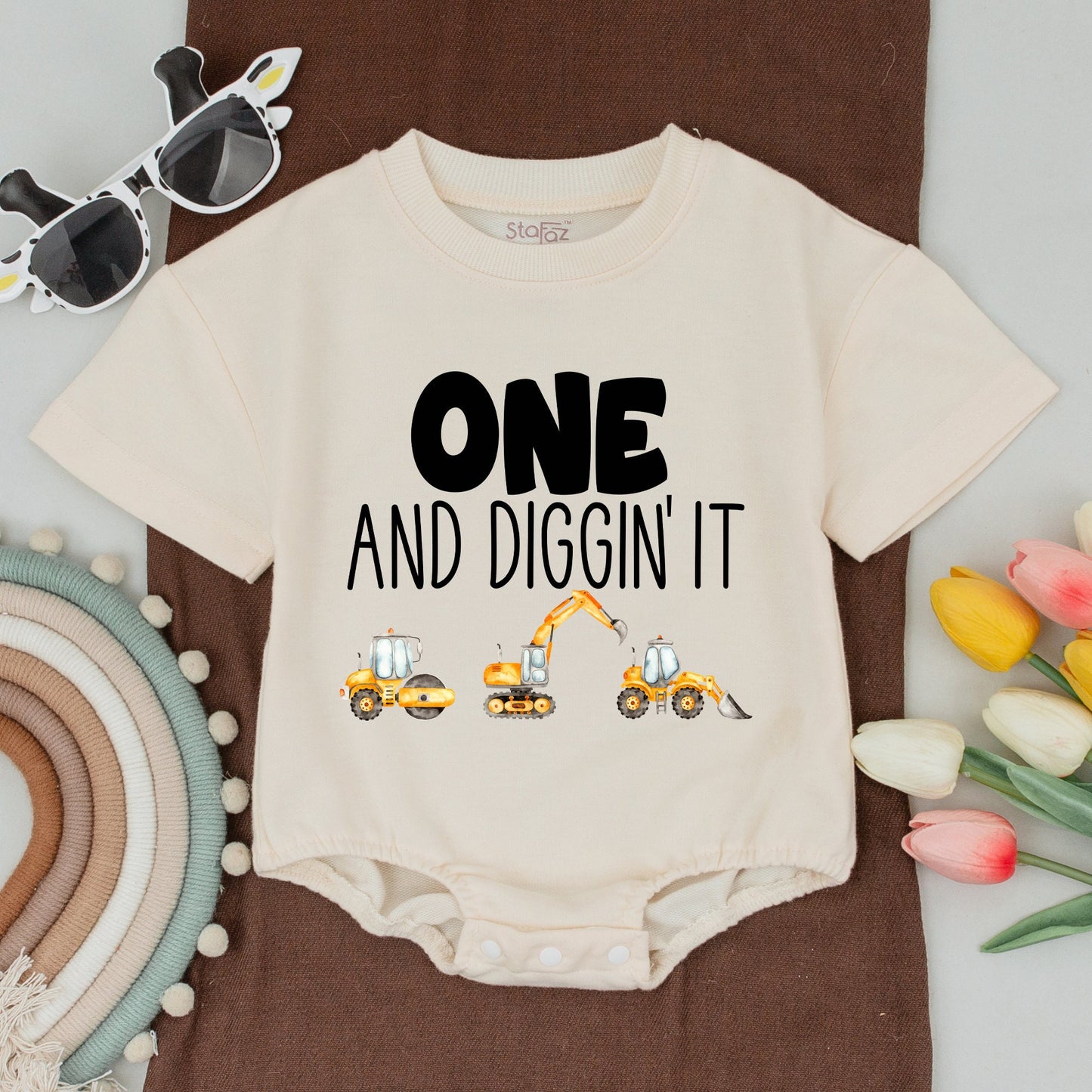 Personalized Family Construction Birthday Shirts Matching Outfit Excavator Baby Bodysuit Diggin' It Dump Truck Yellow Hazard Stripe Crew Party