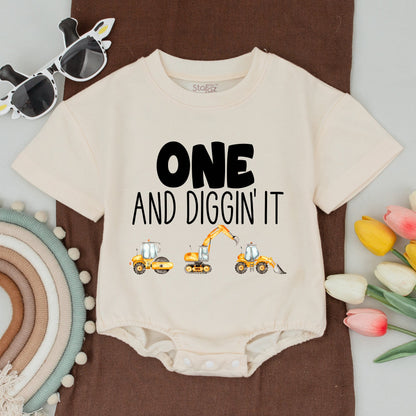 Personalized Family Construction Birthday Shirts Matching Outfit Excavator Baby Bodysuit Diggin' It Dump Truck Yellow Hazard Stripe Crew Party