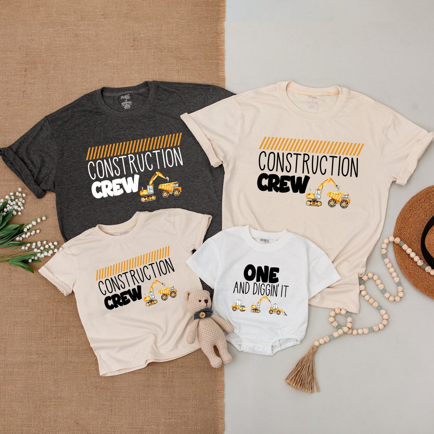 Personalized Family Construction Birthday Shirts Matching Outfit Excavator Baby Bodysuit Diggin' It Dump Truck Yellow Hazard Stripe Crew Party