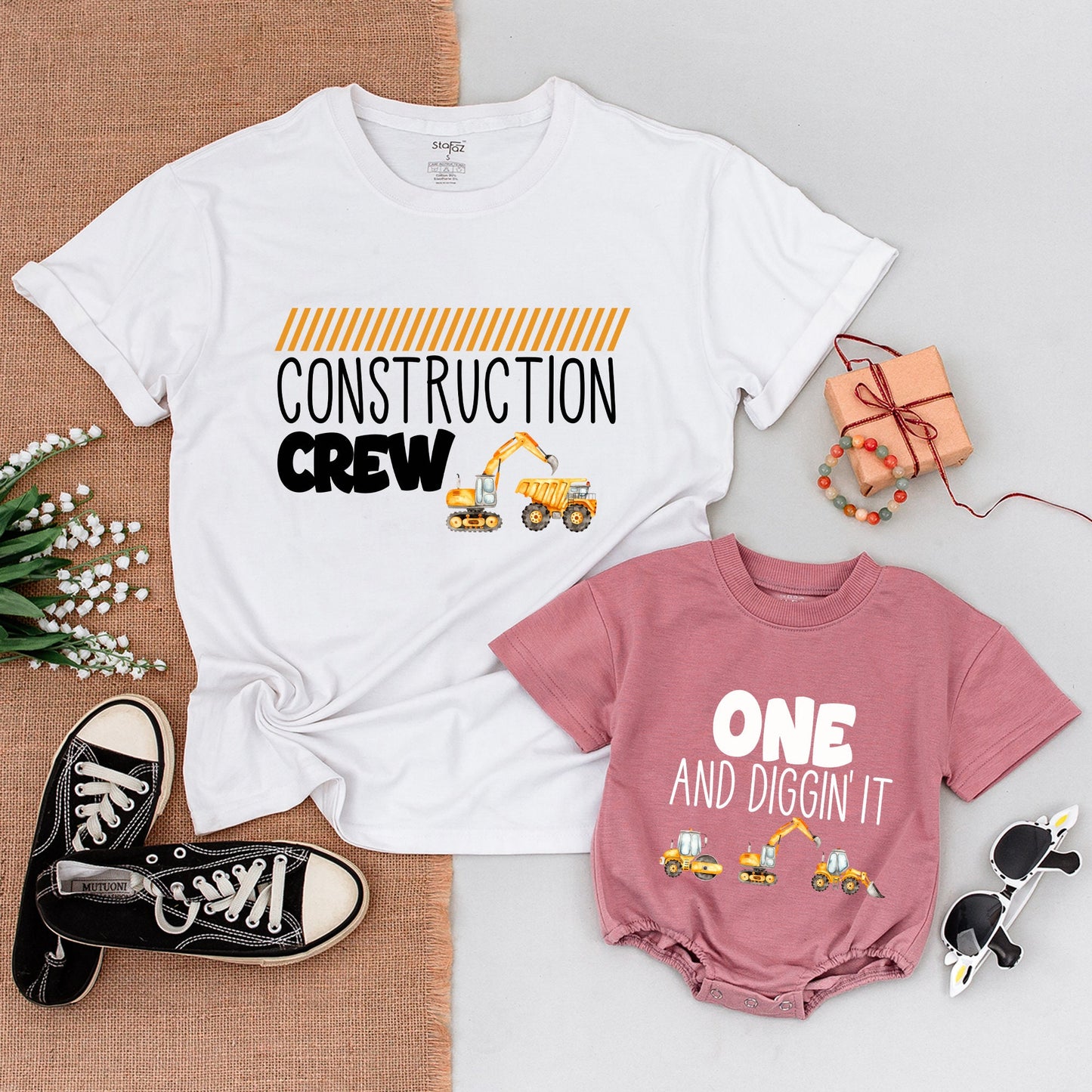 Personalized Family Construction Birthday Shirts Matching Outfit Excavator Baby Bodysuit Diggin' It Dump Truck Yellow Hazard Stripe Crew Party