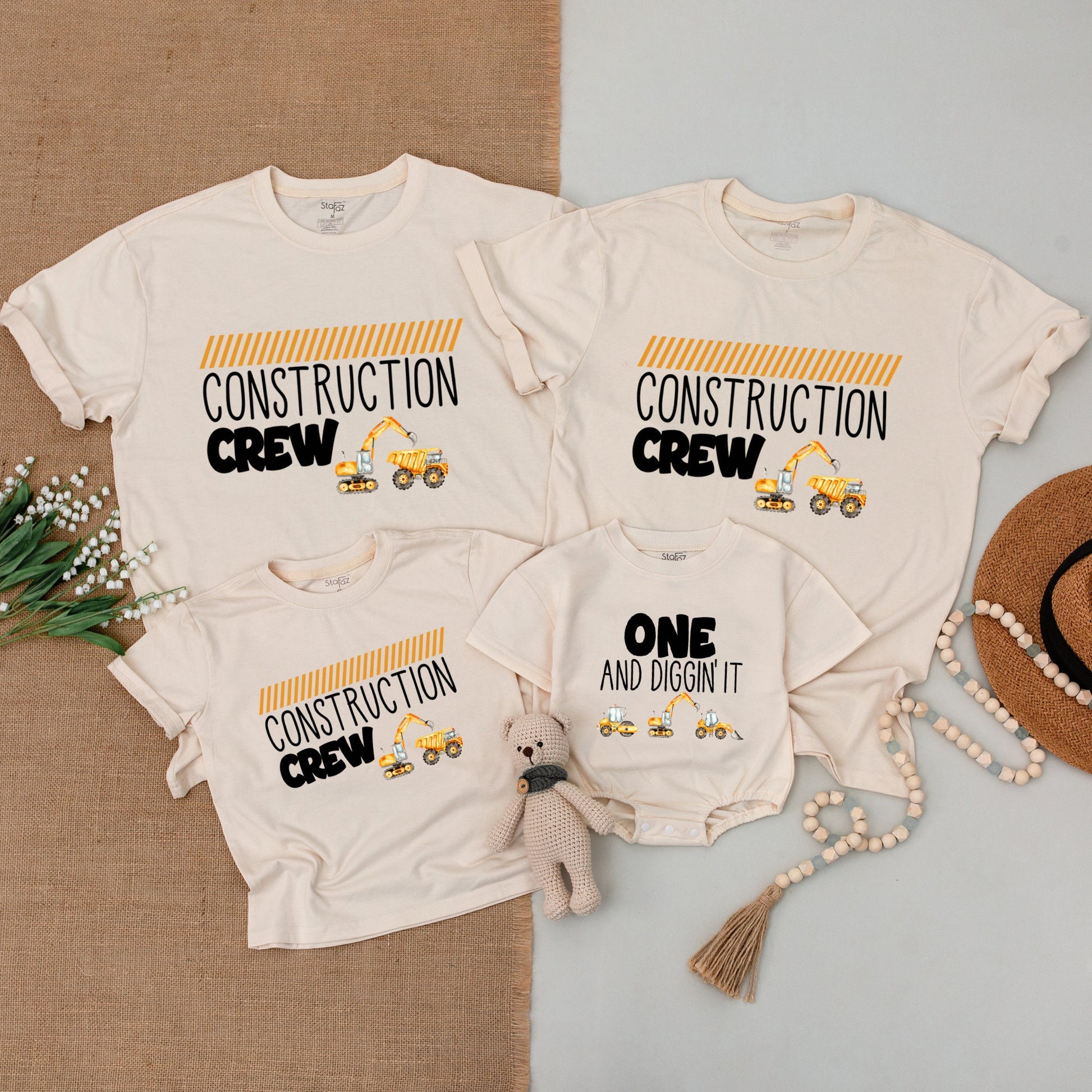 Personalized Family Construction Birthday Shirts Matching Outfit Excavator Baby Bodysuit Diggin' It Dump Truck Yellow Hazard Stripe Crew Party
