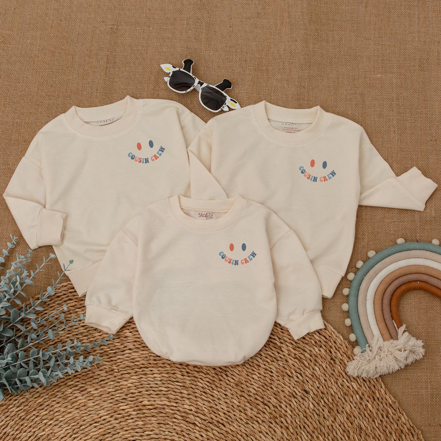Cool Cousins Club Romper Bodysuit for Baby Girls Boys, Playful Smiley Face Cousin Crew Outfit, Soft Cotton Retro Family Reunion Matching Clothes