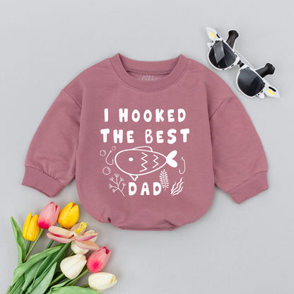 I Hooked The Best Dad Baby Romper Fishing Newborn Outfit Adorable Cartoon Fish Design Bubble Seaweed Print White Soft Cotton Bodysuit Shower Gift
