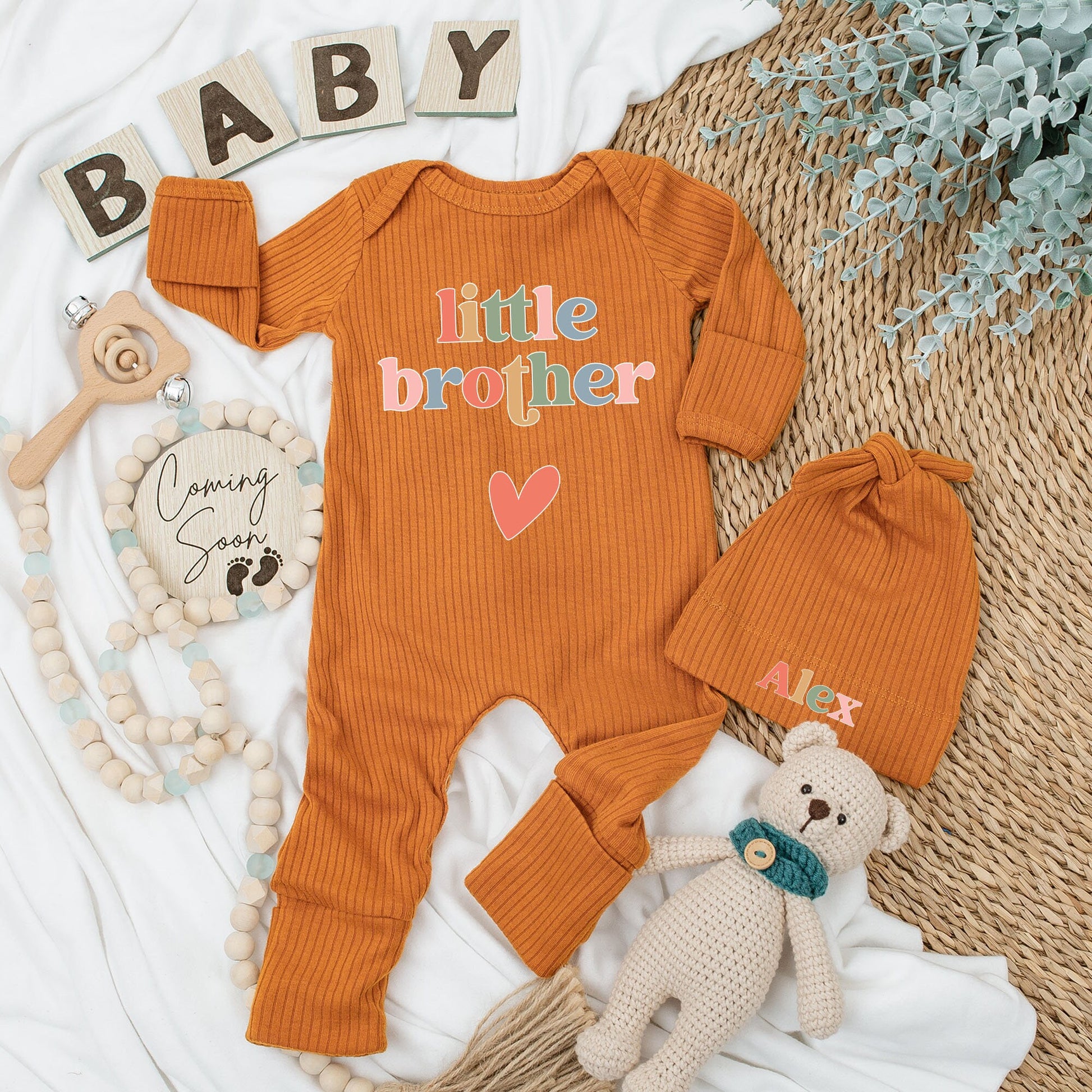 Little Brother Baby Bodysuit and Hat Set Playful Modern Unisex Newborn Outfit Colorful Letters Red Heart Design New Baby Gift