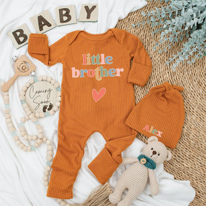 Little Brother Baby Bodysuit and Hat Set Playful Modern Unisex Newborn Outfit Colorful Letters Red Heart Design New Baby Gift