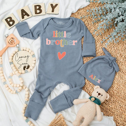 Little Brother Baby Bodysuit and Hat Set Playful Modern Unisex Newborn Outfit Colorful Letters Red Heart Design New Baby Gift