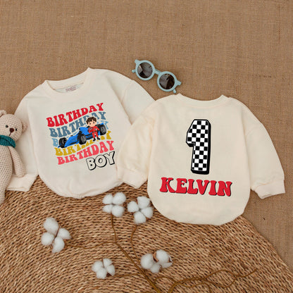 Personalized Race Car Fast One Birthday Boy Romper 1st Birthday Outfit colorful layered retro text infant baby bodysuit Cake Smash celebration gift