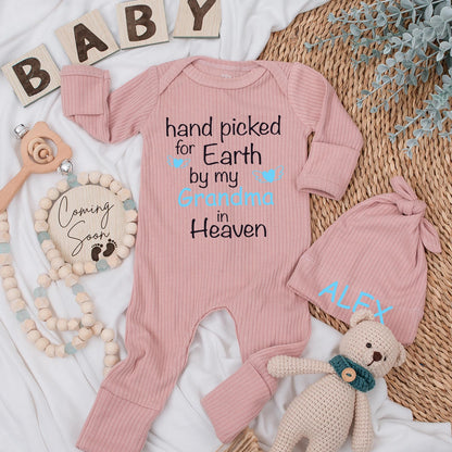 Hand Picked for Earth by My Grandma in Heaven Baby Bodysuit Sweet Sentimental Gift Soft Cotton Pregnancy Announcement Newborn Clothes Light Blue Heart Wings