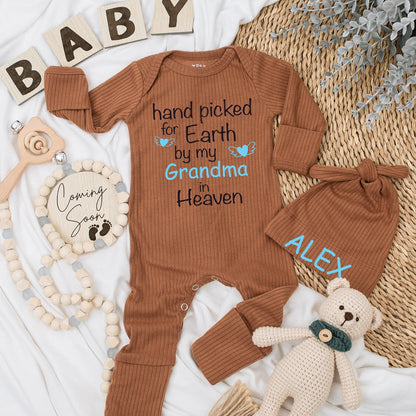 Hand Picked for Earth by My Grandma in Heaven Baby Bodysuit Sweet Sentimental Gift Soft Cotton Pregnancy Announcement Newborn Clothes Light Blue Heart Wings