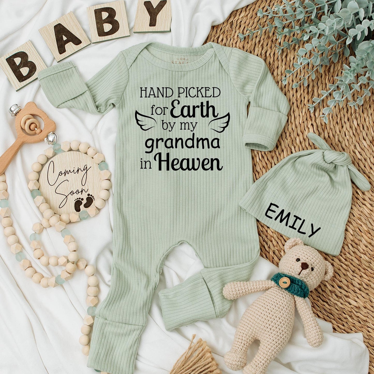 Personalized Hand Picked for Earth by Grandma in Heaven Baby Bodysuit Set with Custom Emily Name Cap Heartfelt Shower Gift Newborn Outfit