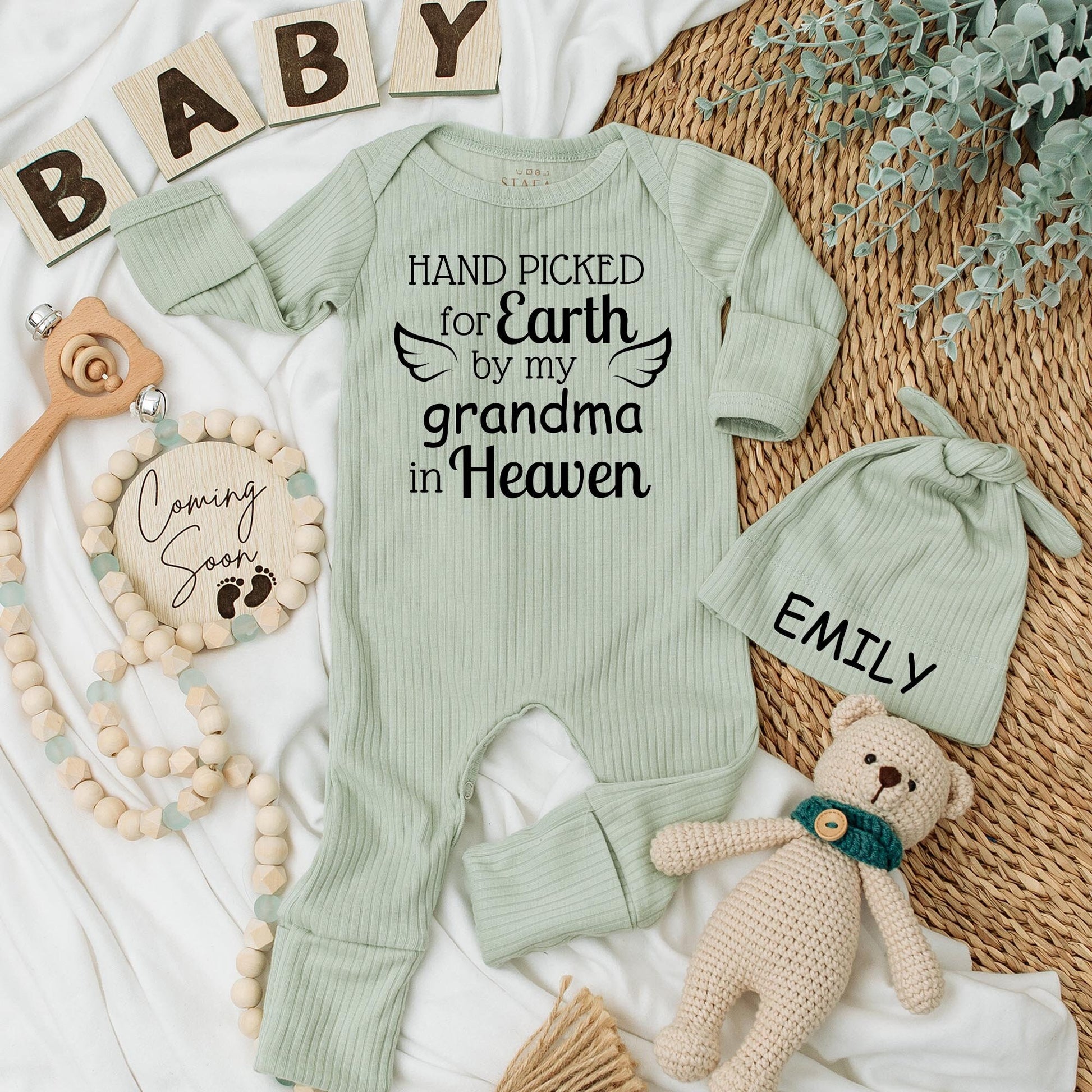 Personalized Hand Picked for Earth by Grandma in Heaven Baby Bodysuit Set with Custom Emily Name Cap Heartfelt Shower Gift Newborn Outfit