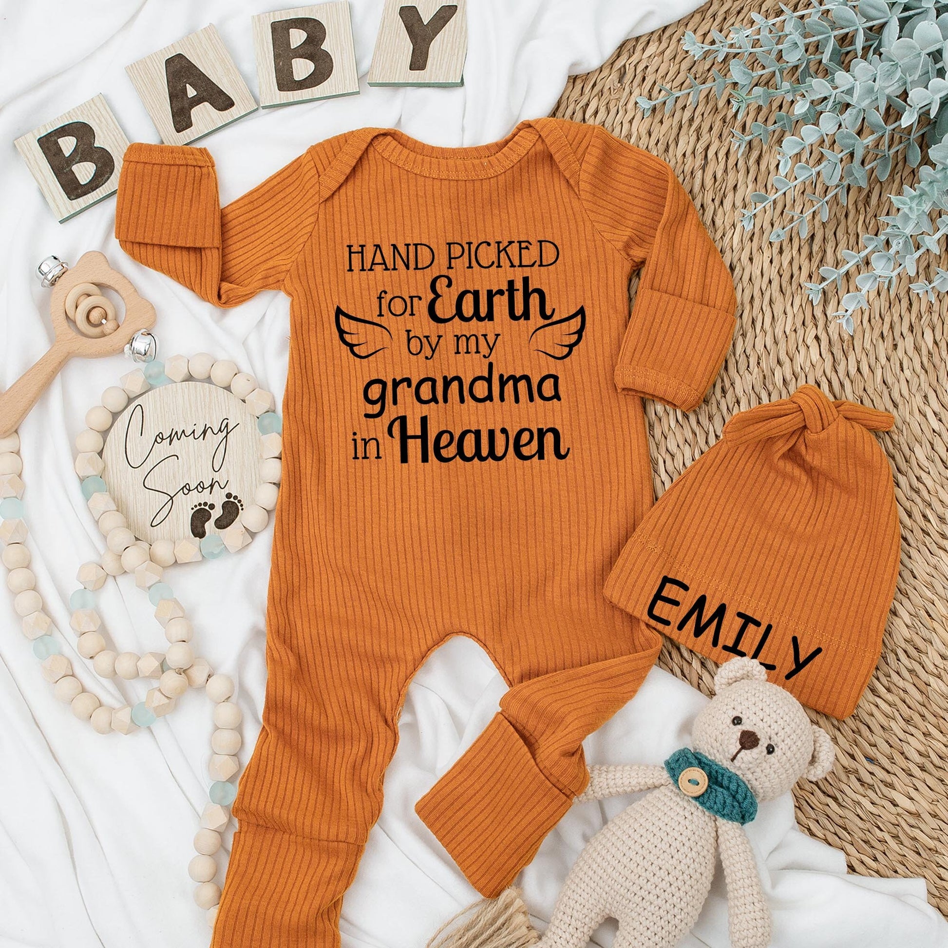 Personalized Hand Picked for Earth by Grandma in Heaven Baby Bodysuit Set with Custom Emily Name Cap Heartfelt Shower Gift Newborn Outfit