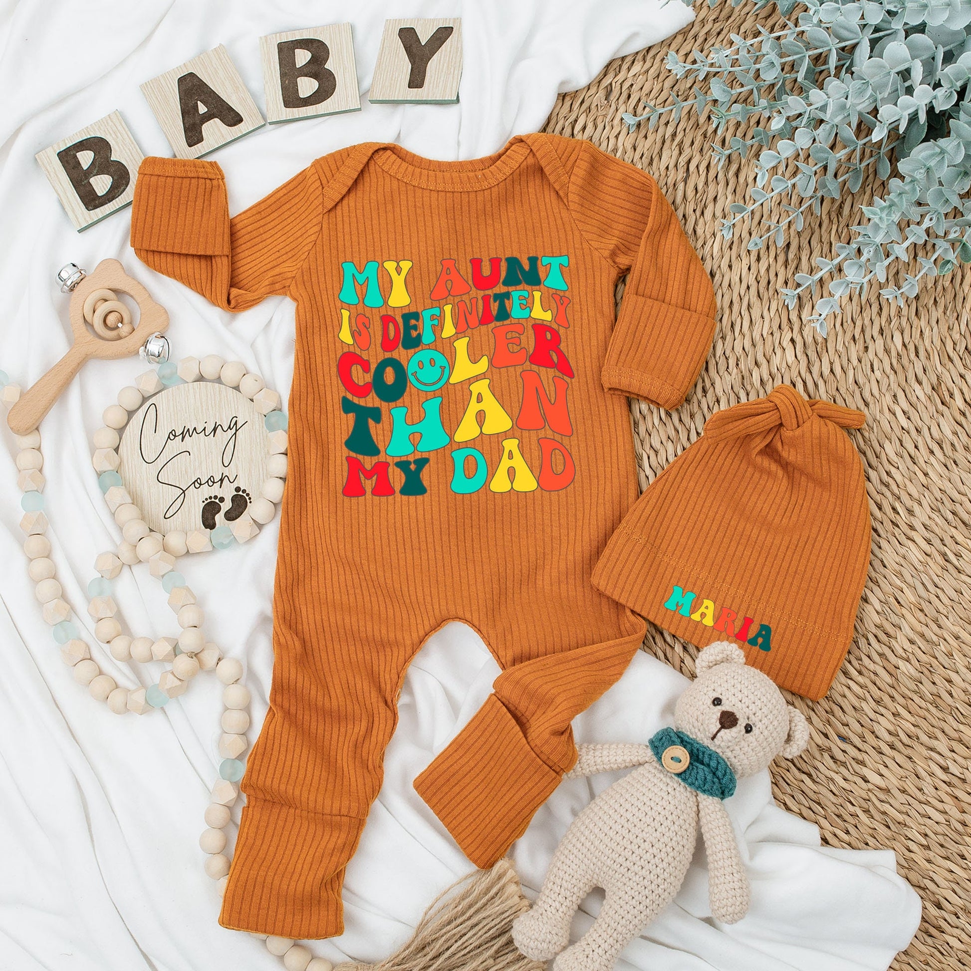 My Aunt Is Cooler Than My Dad Baby Bodysuit and Hat Set Soft Cotton Long Sleeve Newborn Romper Vintage Style Baby Shower Gift Coming Home Outfit