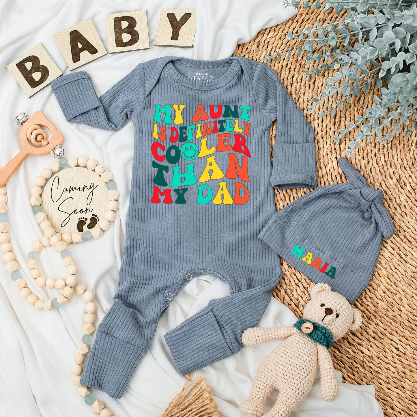 My Aunt Is Cooler Than My Dad Baby Bodysuit and Hat Set Soft Cotton Long Sleeve Newborn Romper Vintage Style Baby Shower Gift Coming Home Outfit